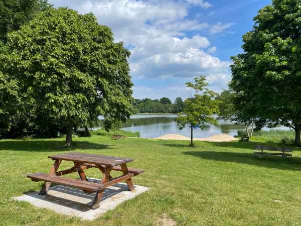 photo of a brown picnic table near a lake