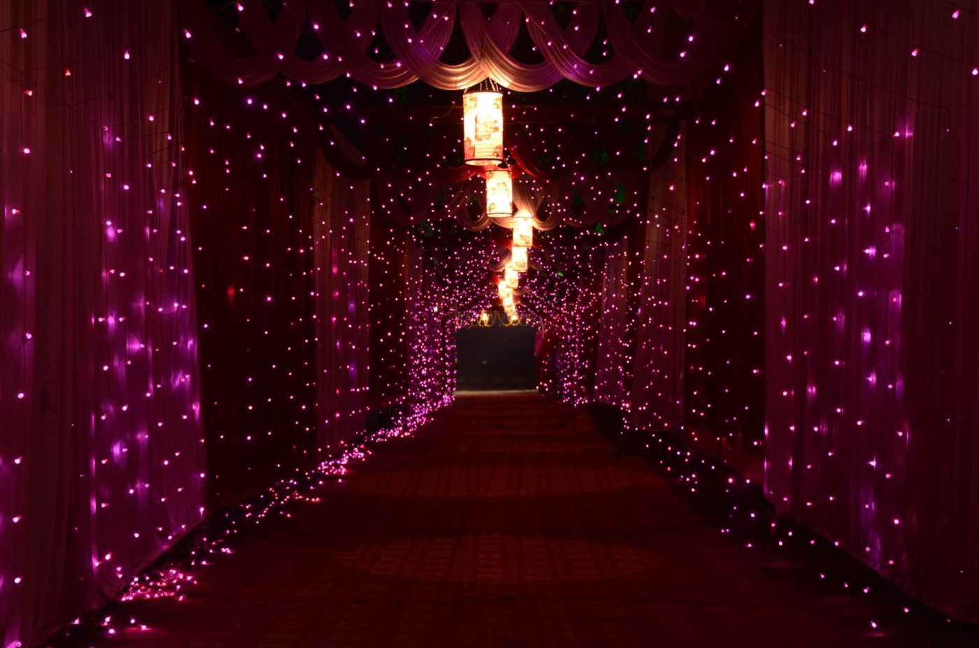 purple string lights and lamps with curtains