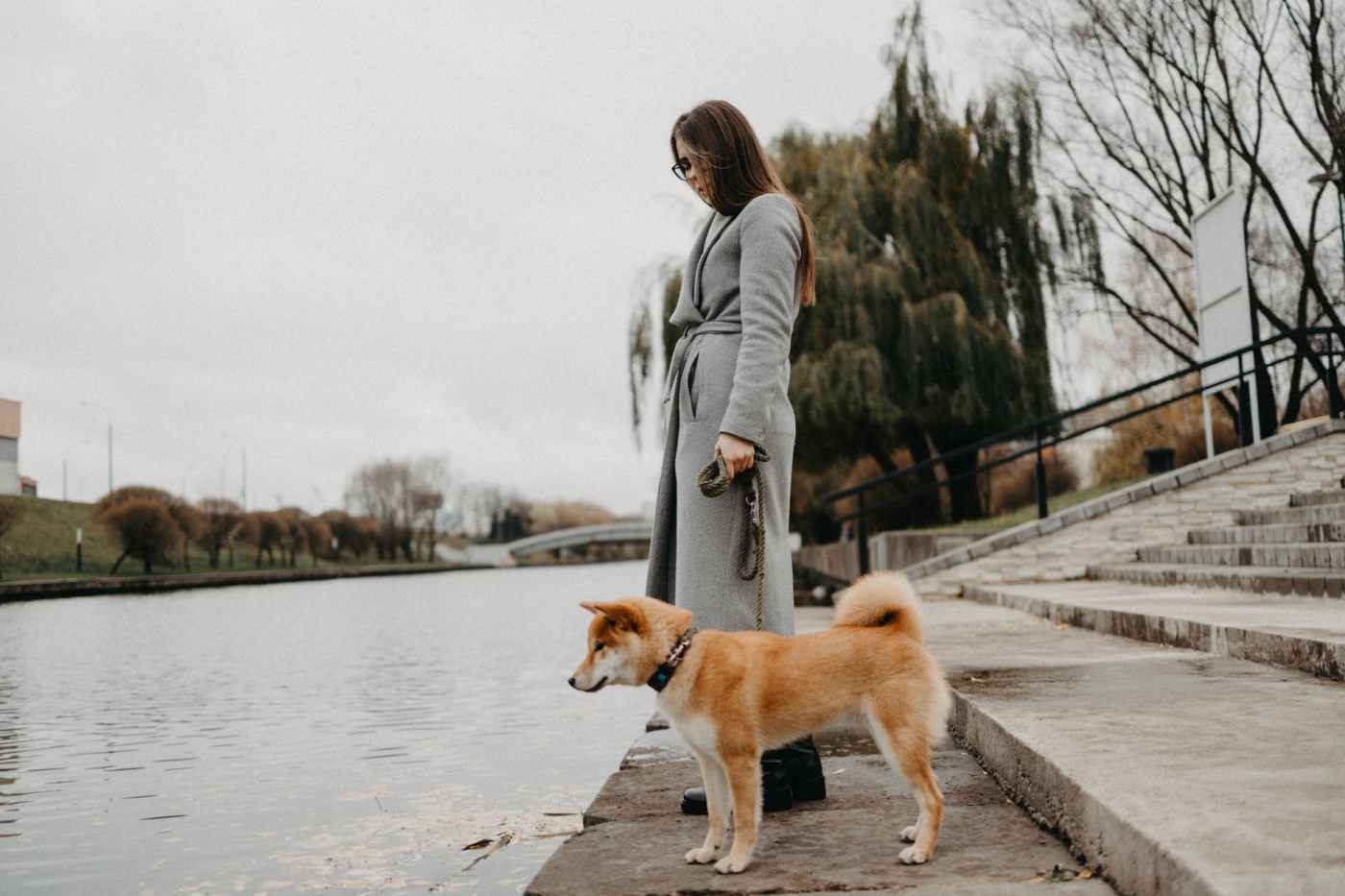 woman in gray jacket standing beside brown dog on dock